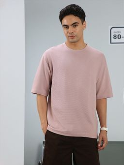 Nobero - Men Textured Half Sleeves T-shirt - Pink