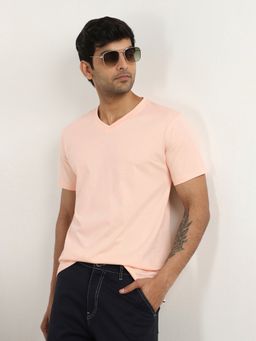 Nobero - Men Solid V-Neck Cotton T-shirt - Peach