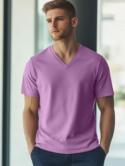 Nobero - Men Solid V-Neck Cotton T-shirt - Lavender