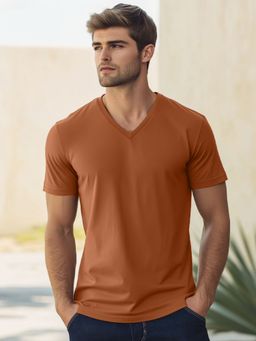 Nobero - Men Solid V-Neck Cotton T-shirt - Brown