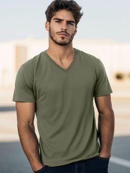 Nobero - Men Solid V-Neck Cotton T-shirt - Green