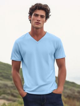 Nobero - Men Solid V-Neck Cotton T-shirt - Blue