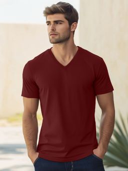 Nobero - Men Solid V-Neck Cotton T-shirt - Maroon