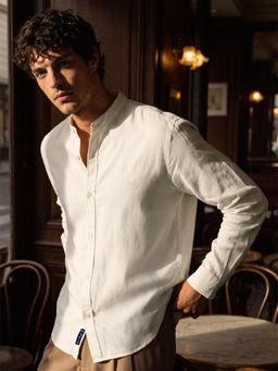Dennis Lingo - Off White Relaxed Fit Cotton Linen Mandarin Collar Shirt with Embroidery