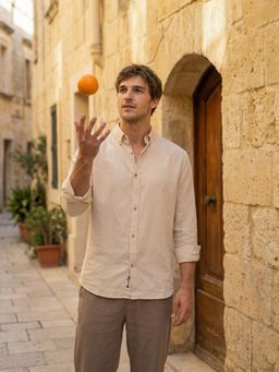 Dennis Lingo - Beige Relaxed Fit Cotton Linen Button Down Shirt