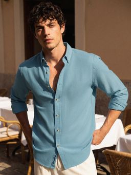 Dennis Lingo - Blue Relaxed Fit Cotton Linen Button Down Shirt