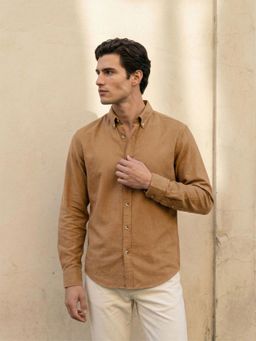 Dennis Lingo - Brown Relaxed Fit Cotton Linen Button Down Shirt