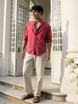 Dennis Lingo - Maroon Relaxed Fit Cotton Linen Button Down Shirt
