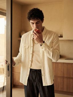 Dennis Lingo - Beige Relaxed Fit Cotton Linen Button Down Shirt with Patch Pockets