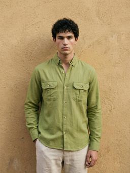 Dennis Lingo - Olive Relaxed Fit Cotton Linen Button Down Shirt with Patch Pockets