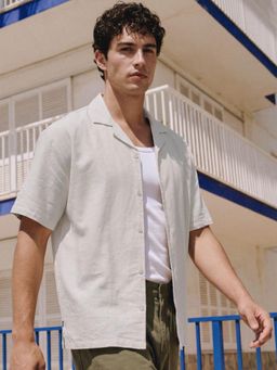 Dennis Lingo - Beige Relaxed Fit Cotton Linen Half Sleeve Shirt