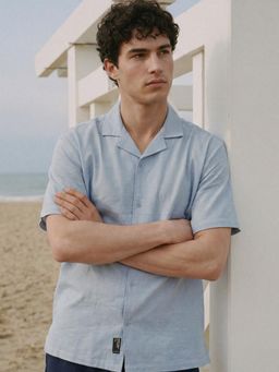 Dennis Lingo - Blue Relaxed Fit Cotton Linen Half Sleeve Shirt