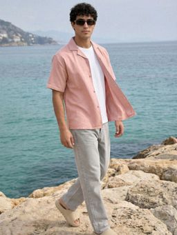 Dennis Lingo - Pink Relaxed Fit Cotton Linen Half Sleeve Shirt