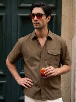 Dennis Lingo - Brown Boxy Fit Half Sleeve Cotton Blend Shirt with Patch Pocket