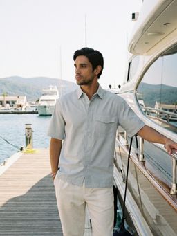 Dennis Lingo - Blue Boxy Fit Half Sleeve Cotton Blend Shirt with Patch Pocket