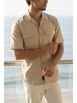 Dennis Lingo - Beige Boxy Fit Half Sleeve Cotton Blend Shirt with Patch Pocket