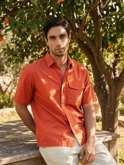 Dennis Lingo - Orange Boxy Fit Half Sleeve Cotton Blend Shirt with Patch Pocket