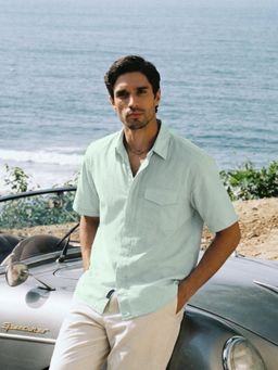 Dennis Lingo - Green Boxy Fit Half Sleeve Cotton Blend Shirt with Patch Pocket