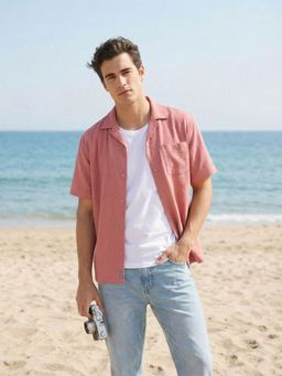 Dennis Lingo - Pink Relaxed Fit Textured Half Sleeve Cuban Collar Shirt with Snap Buttons