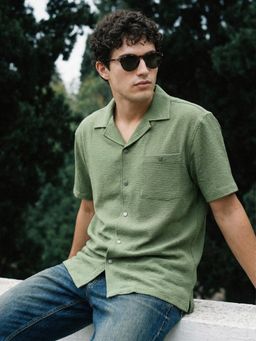 Dennis Lingo - Green Relaxed Fit Textured Half Sleeve Cuban Collar Shirt with Snap Buttons