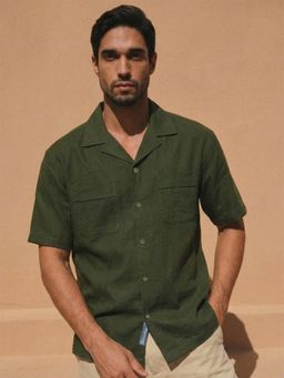 Dennis Lingo - Olive Relax Fit Half Sleeve Cuban Collar Cotton Shirt with Patch Pockets