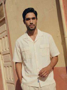 Dennis Lingo - Off White Relax Fit Half Sleeve Cuban Collar Cotton Shirt with Patch Pockets