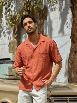 Dennis Lingo - Orange Relax Fit Half Sleeve Cuban Collar Cotton Shirt with Patch Pockets