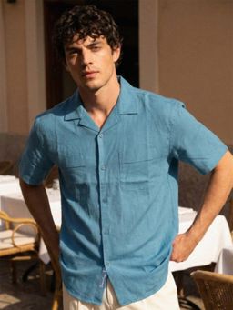 Dennis Lingo - Blue Relax Fit Half Sleeve Cuban Collar Cotton Shirt with Patch Pockets