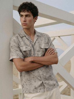 Dennis Lingo - Grey Relax Fit Half Sleeve Printed Cuban Collar Shirt with Flap Pockets