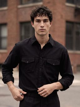 Dennis Lingo - Black Relaxed Fit Linen Blend Shirt with Double Pockets