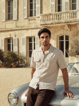 Dennis Lingo - Beige Relax Fit Half Sleeve Camp Collar Cotton Blend Shirt with Patch Pockets