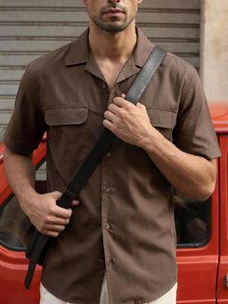 Dennis Lingo - Brown Relax Fit Half Sleeve Camp Collar Cotton Blend Shirt with Patch Pockets