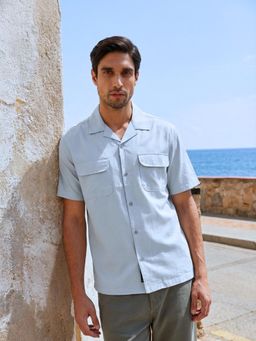 Dennis Lingo - Blue Relax Fit Half Sleeve Camp Collar Cotton Blend Shirt with Patch Pockets