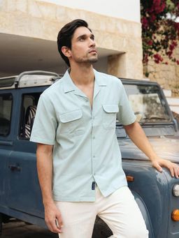 Dennis Lingo - Green Relax Fit Half Sleeve Camp Collar Cotton Blend Shirt with Patch Pockets