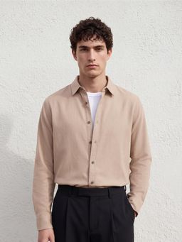 Dennis Lingo - Beige Regular Fit Spread Collar Cotton Blend Shirt