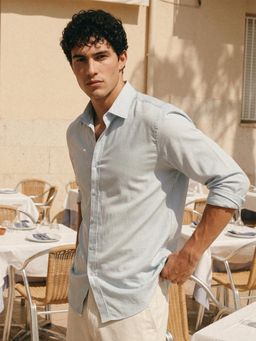 Dennis Lingo - Blue Regular Fit Spread Collar Cotton Blend Shirt