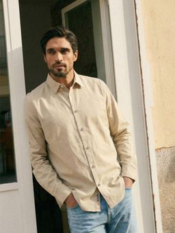 Dennis Lingo - Beige Regular Fit Spread Collar Cotton Blend Shirt