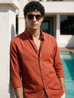 Dennis Lingo - Orange Regular Fit Spread Collar Cotton Blend Shirt