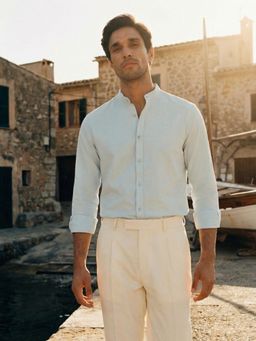 Dennis Lingo - Blue Regular Fit Mandarin Collar Cotton Blend Shirt