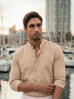 Dennis Lingo - Beige Regular Fit Mandarin Collar Cotton Blend Shirt