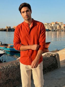 Dennis Lingo - Orange Regular Fit Mandarin Collar Cotton Blend Shirt