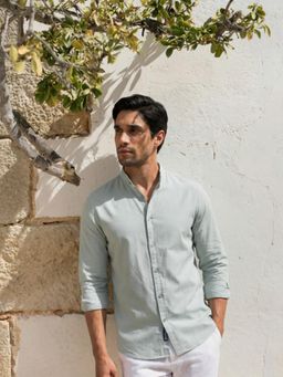 Dennis Lingo - Green Regular Fit Mandarin Collar Cotton Blend Shirt