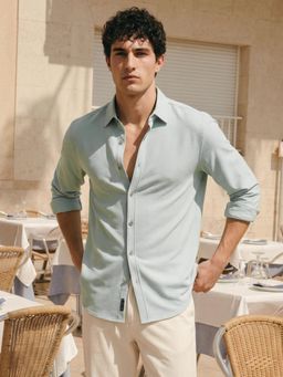 Dennis Lingo - Blue Regular Fit Spread Collar Cotton Blend Shirt