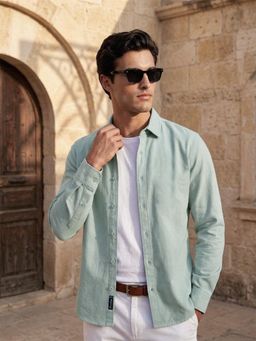 Dennis Lingo - Green Regular Fit Spread Collar Cotton Blend Shirt