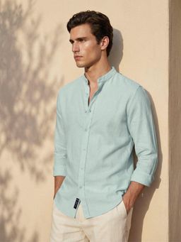 Dennis Lingo - Aqua Regular Fit Mandarin Collar Oxford Shirt