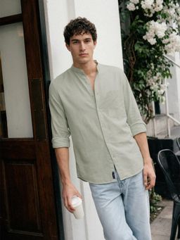 Dennis Lingo - Green Regular Fit Mandarin Collar Oxford Shirt