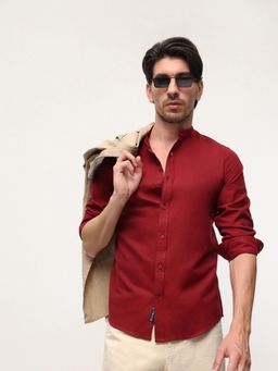 Dennis Lingo - Maroon Regular Fit Mandarin Collar Oxford Shirt