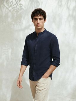 Dennis Lingo - Blue Regular Fit Mandarin Collar Oxford Shirt