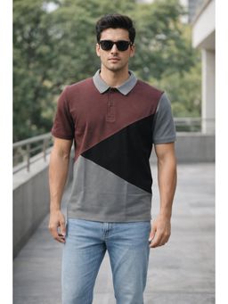 Parcel Yard - Brown Stylized Sleeve Print Half Sleeve Solid Polo Cotton T-Shirt For Men