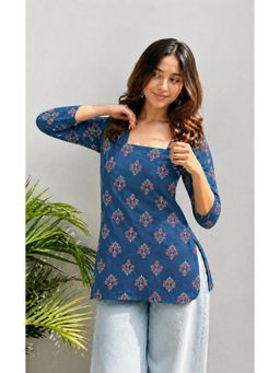 Gahan - Womens Blue Square Neck All Over Printed Rayon Kurti - Blue